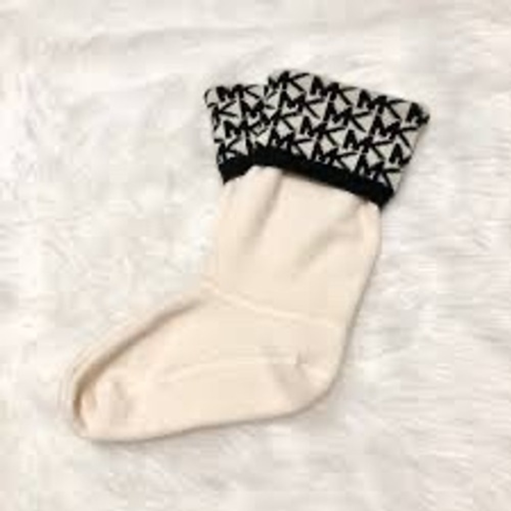 Michael Kors Boot Socks Cream Black Logo Cuff L/XL Cozy Lounge Sleepwear